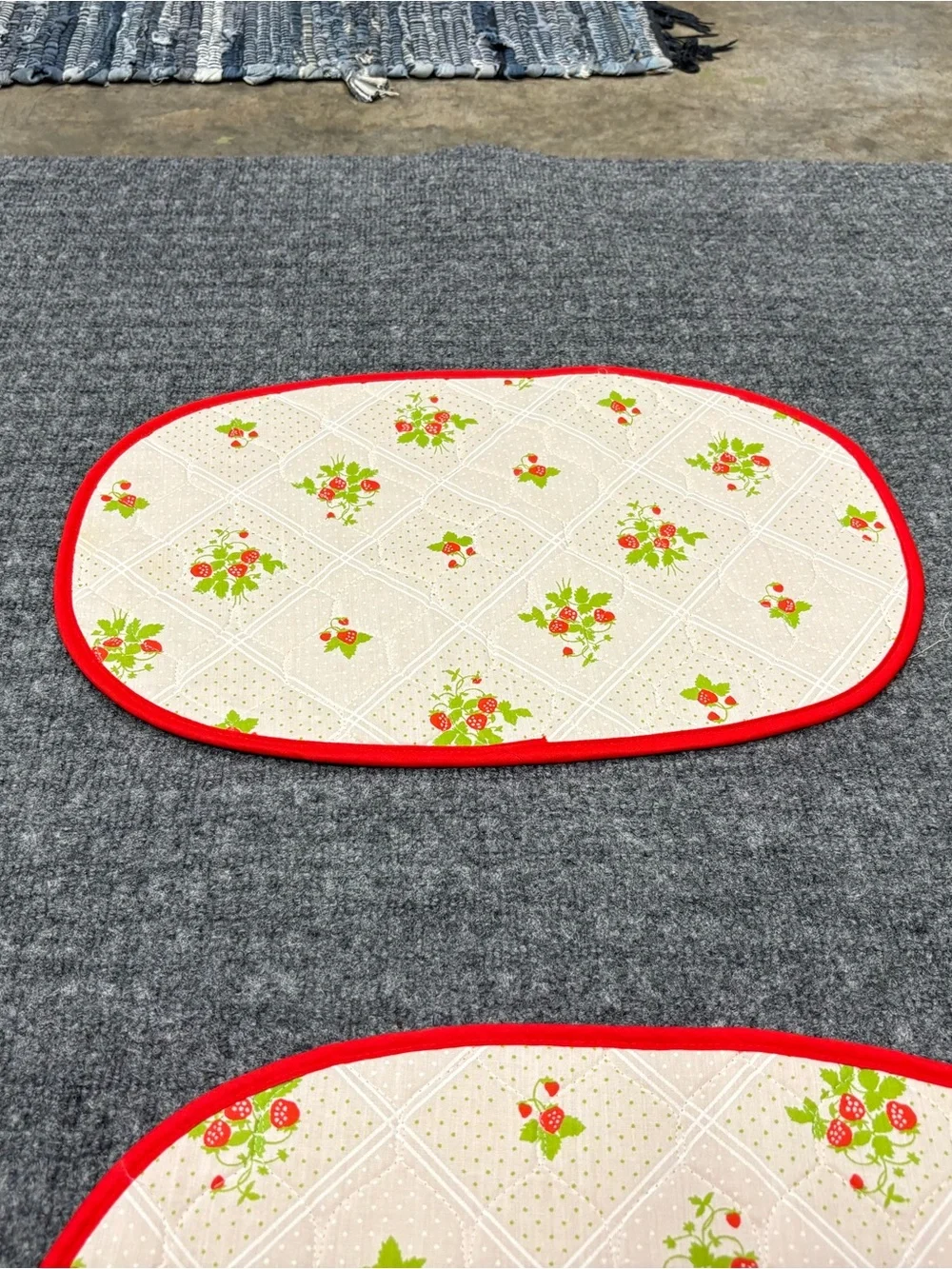 Vintage Quilted Floral Oval Placemats with Strawberries- Set of 4